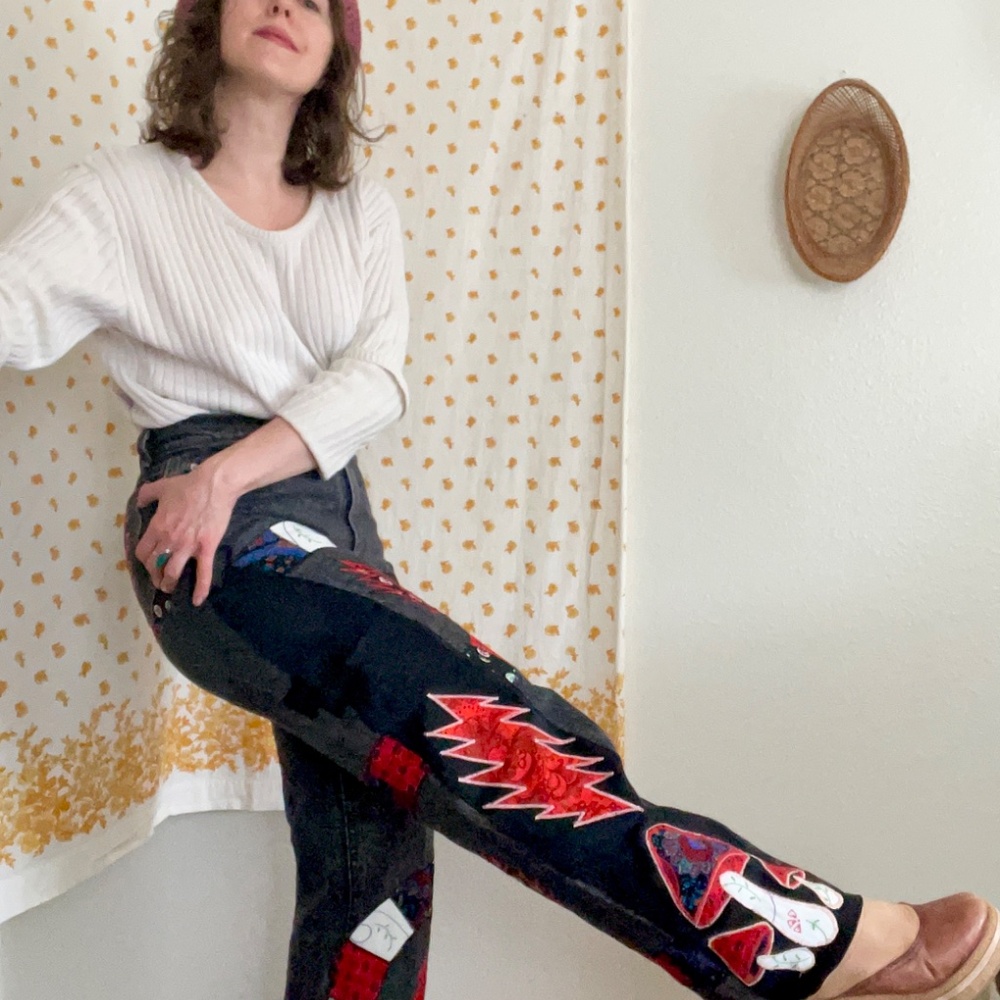 Upcycled Grateful Dead Mushroom Jeans Vintage Lee Wide Leg - Picture 4 of 10